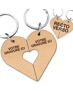 Porte clés couple amoureux cœur bois gravé