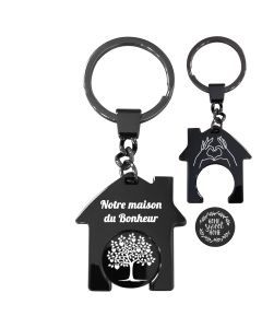 Porte-clés gravé maison jeton de caddie noir