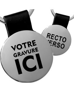 Porte-clés gravé rond cuir noir