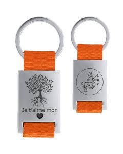 Porte clés métal tissu gravé double face orange