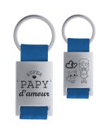 Porte clés métal tissu gravé double face bleu