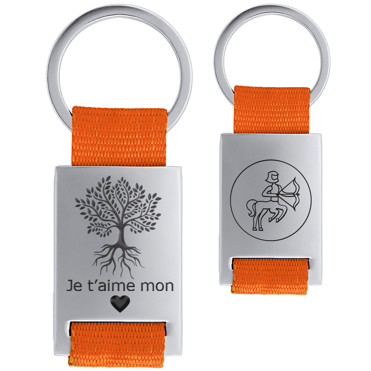 Porte-clés mousqueton orange avec deux anneaux sur